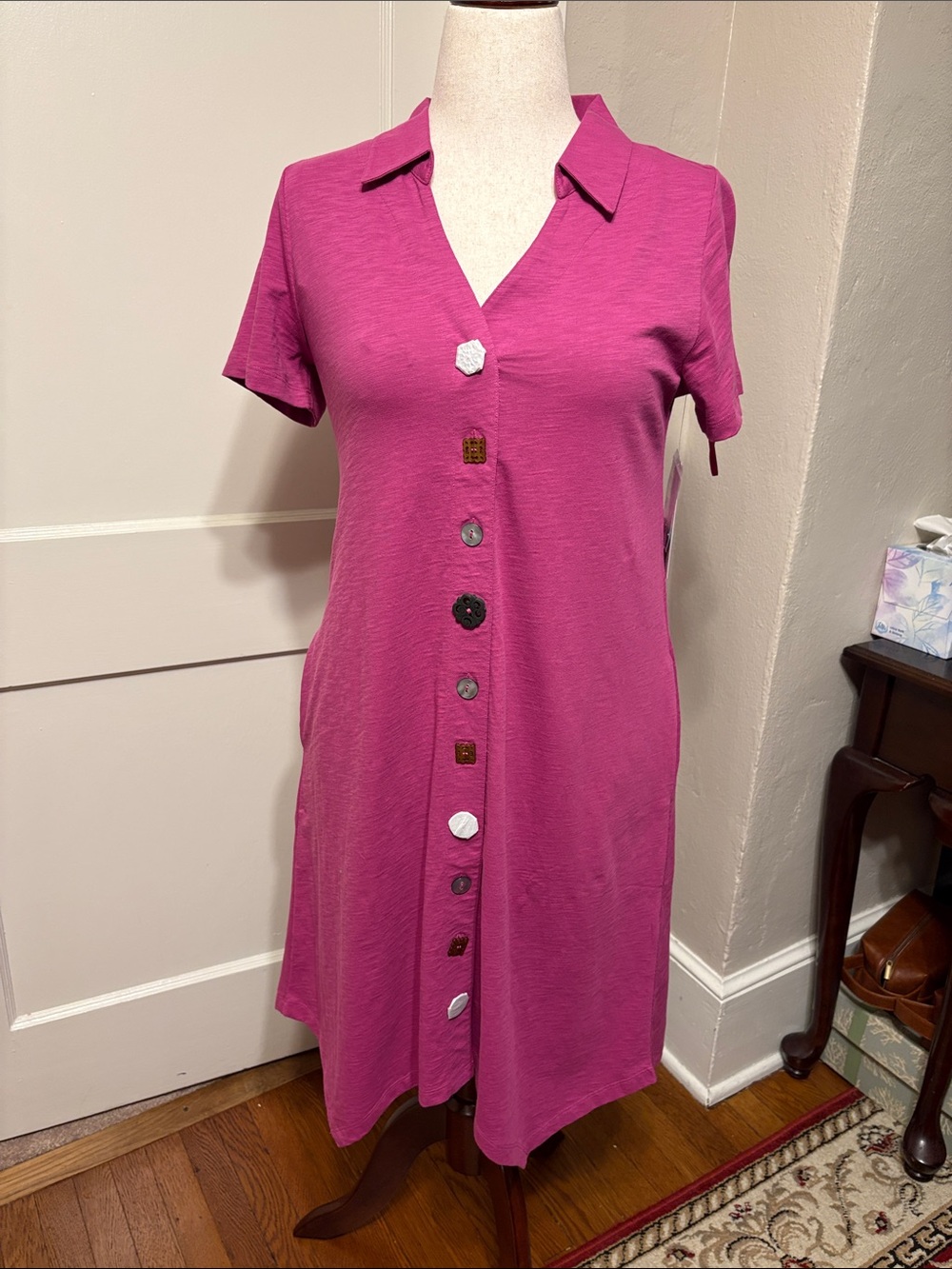 Soft Surroundings Short Sleeve Button-Front Cotton Dress in Bright Pink